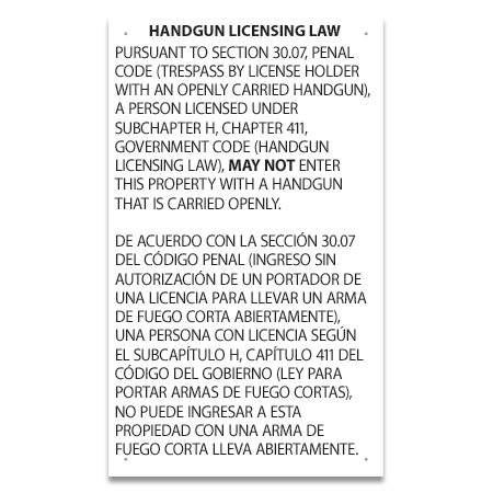 Handgun Licensing Law Sign (30.07)