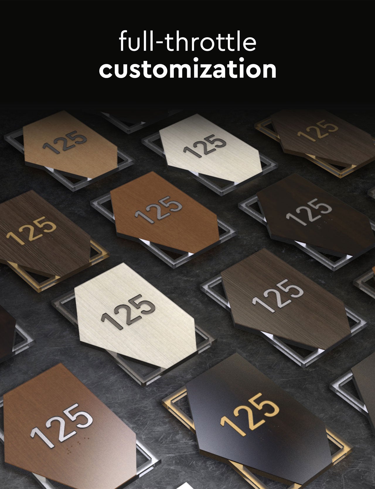 Chassis room number signs in a variety of color combinations