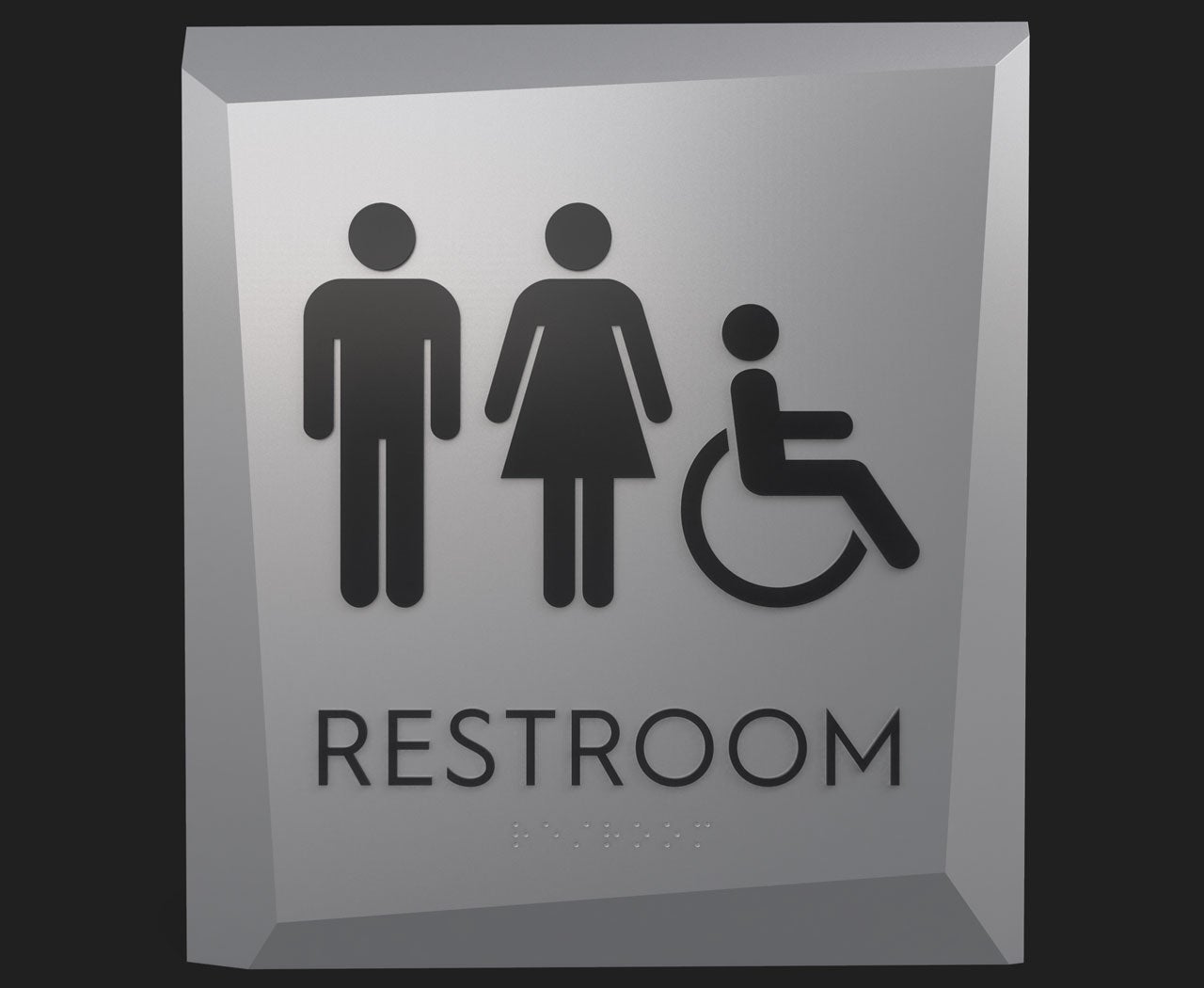 A Facets unisex ADA restroom sign in silver with black graphics.