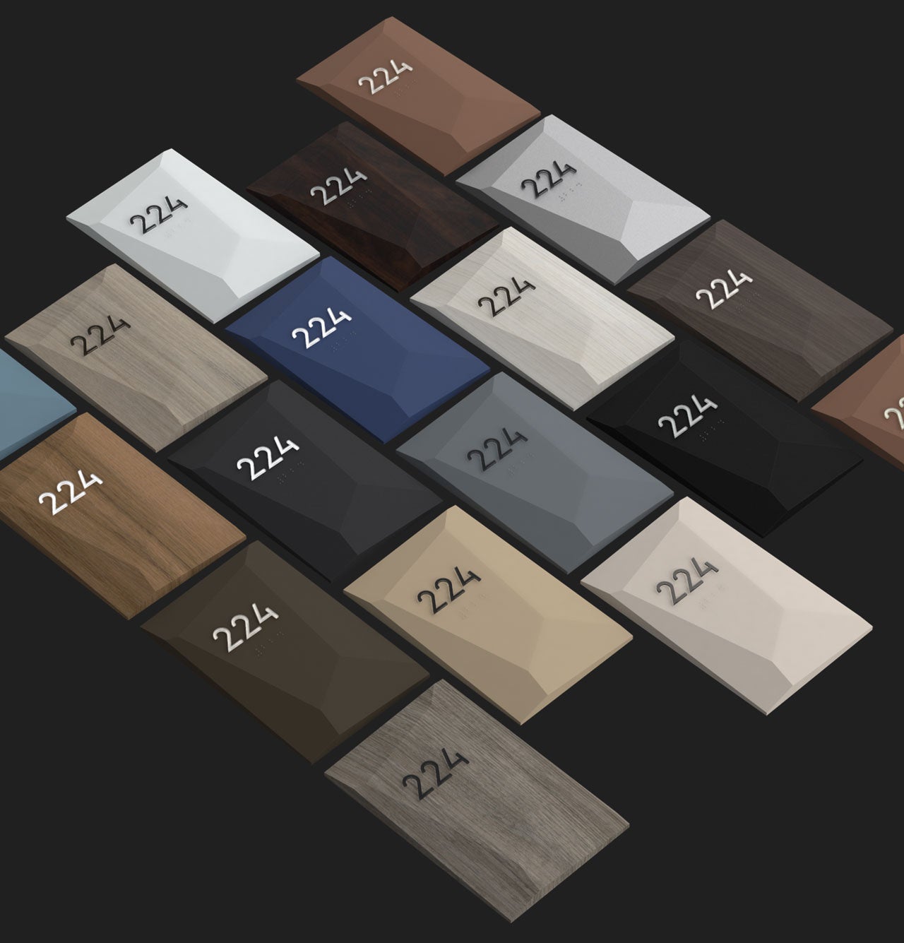 Facets room number signs in a variety of colors and patterns.