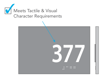 An ADA-compliant sign that meets both tactile and visual requirements with the same set of characters.