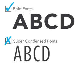 Comparison of a bold font and a highly-condensed font. Bold fonts are compliant for visual character signs, but highly-condensed fonts are not.